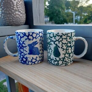 Gibson Spongeware Coffee Cup Mug Green-Blue Pear + Rabbit 11 Oz